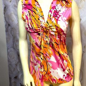 Melanie Lyne Vibrant Abstract Print Tank Top Pink and Orange w Notched Collar M